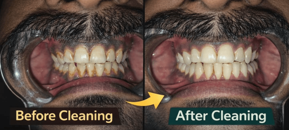 Before and after professional teeth cleaning — best dental clinic Basti